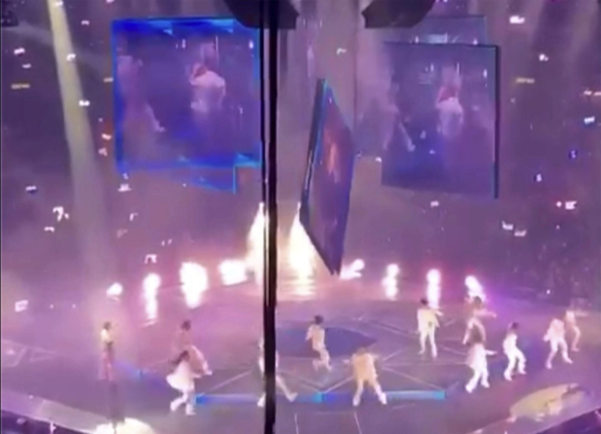 La caída de una pantalla golpea a 2 bailarines en el escenario en un concierto en Hong Kong