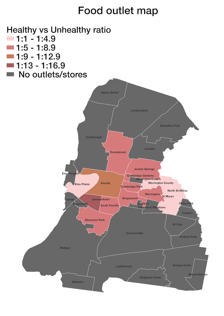 Mapa que muestra las proporciones de puntos de venta de alimentos saludables y no saludables en los suburbios de un área del gobierno local
