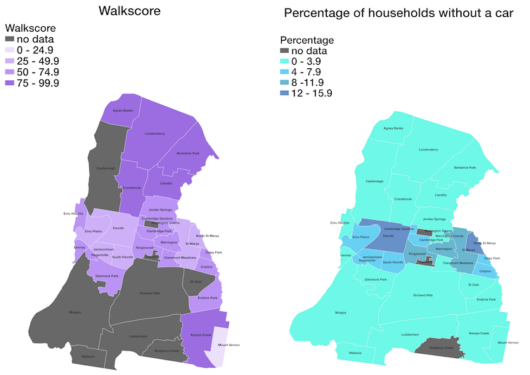 Mapas que muestran Walkscores y tasas de propiedad de automóviles para los suburbios en un área del gobierno local