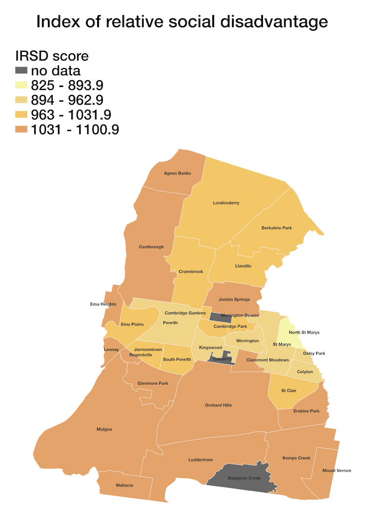 Mapa que muestra el índice de desventaja social relativa para cada suburbio en un área de gobierno local