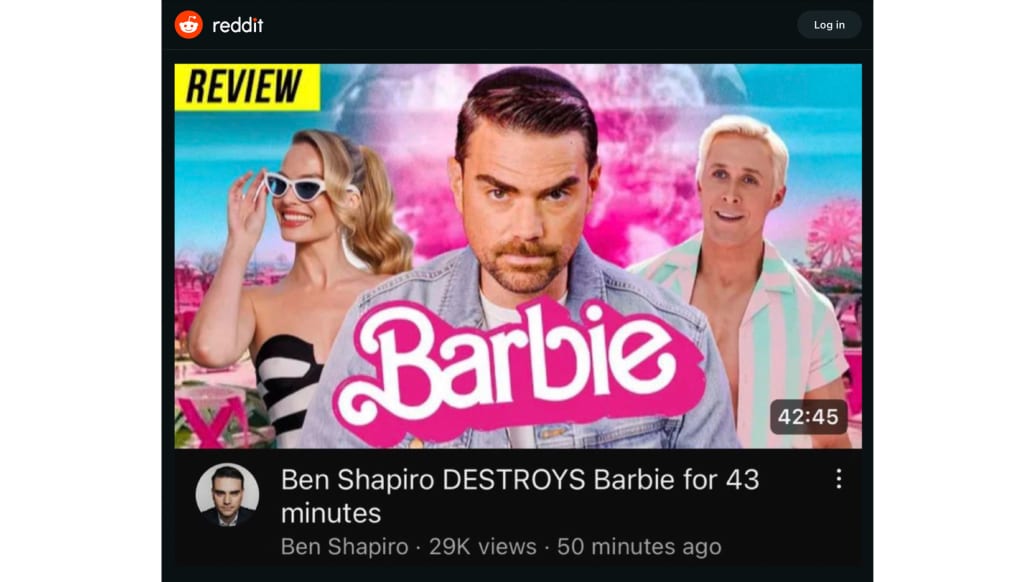 Una captura de pantalla que incluye a Ben Shapiro, Ryan Gosling y Margot Robbie de la película Barbie